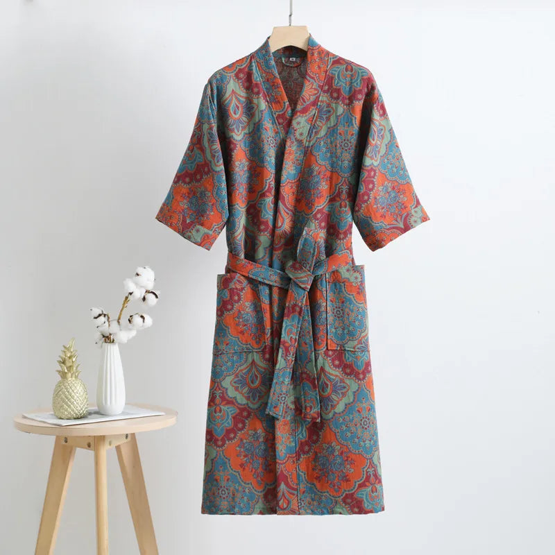 Spring Summer Thin Pure Cotton Double - Layer Gauze Bathrobe, Class Couple's Pajamas, Homewear, - Drying Absorbent Bathrobe