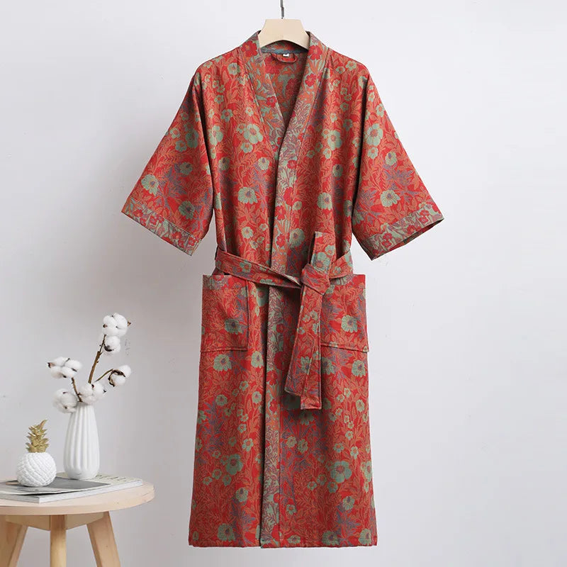 Spring Summer Thin Pure Cotton Double - Layer Gauze Bathrobe, Class Couple's Pajamas, Homewear, - Drying Absorbent Bathrobe