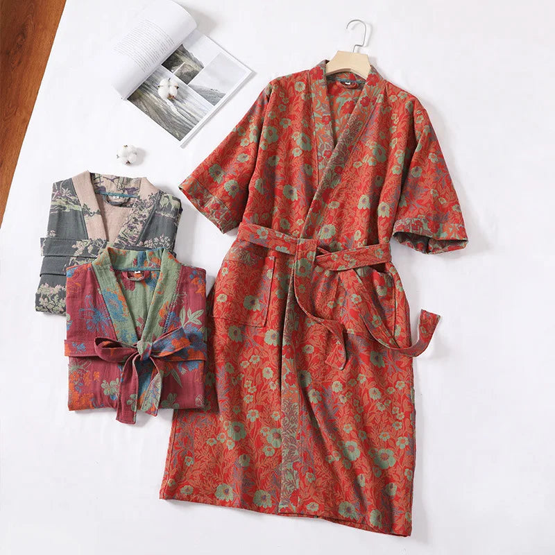 Spring Summer Thin Pure Cotton Double - Layer Gauze Bathrobe, Class Couple's Pajamas, Homewear, - Drying Absorbent Bathrobe
